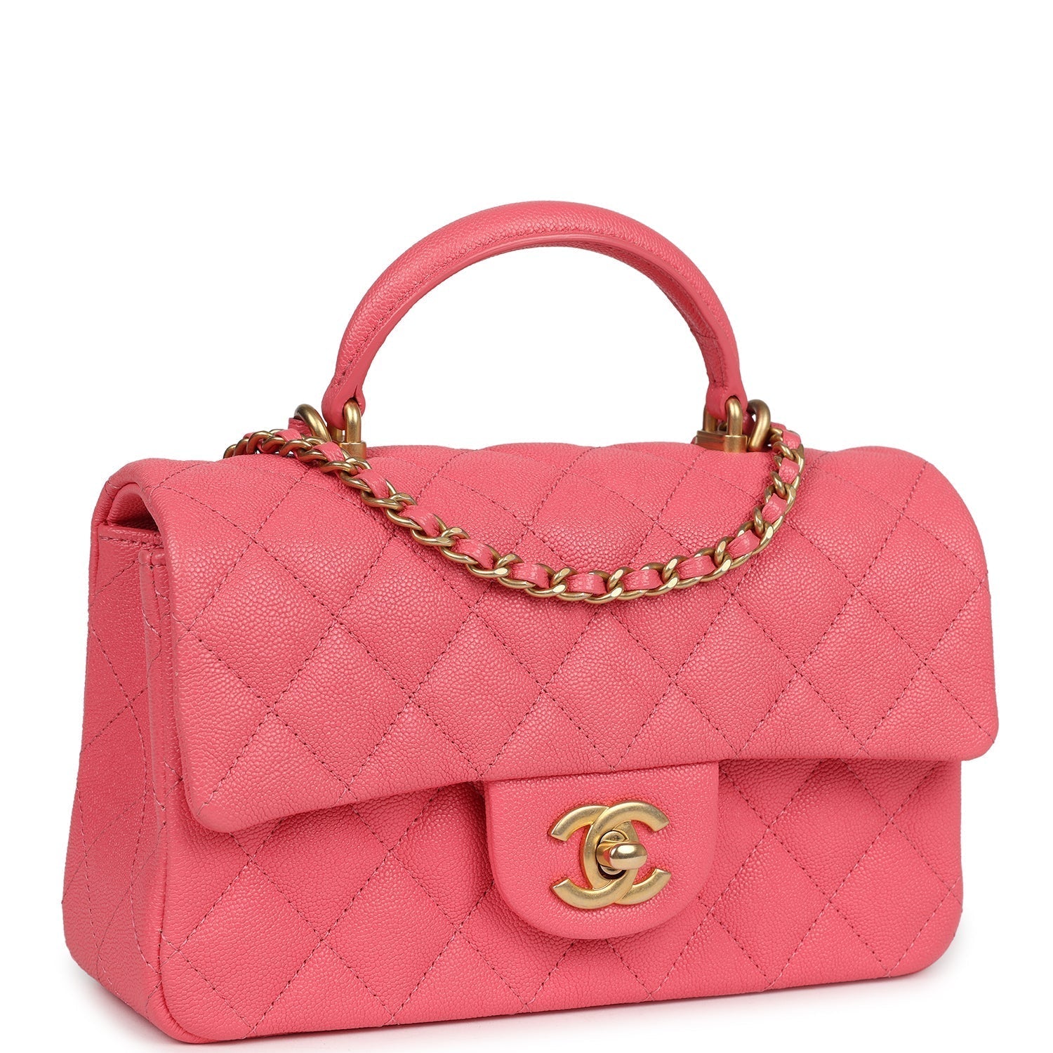 Chanel Mini Rectangular Flap with Top Handle Hot Pink Caviar Antique Gold Hardware