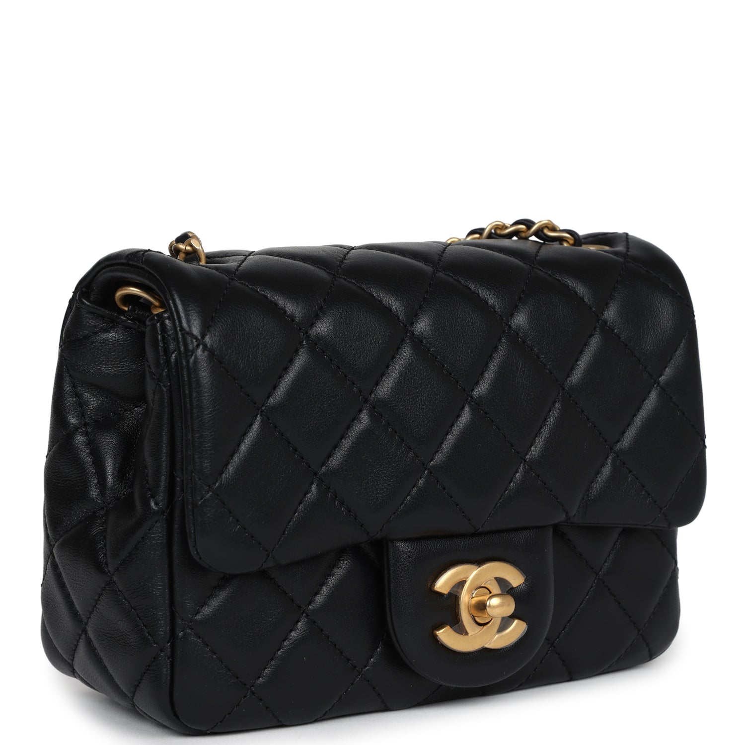 Chanel Mini Square Pearl Crush Flap Bag Black Lambskin Anitque Gold Hardware
