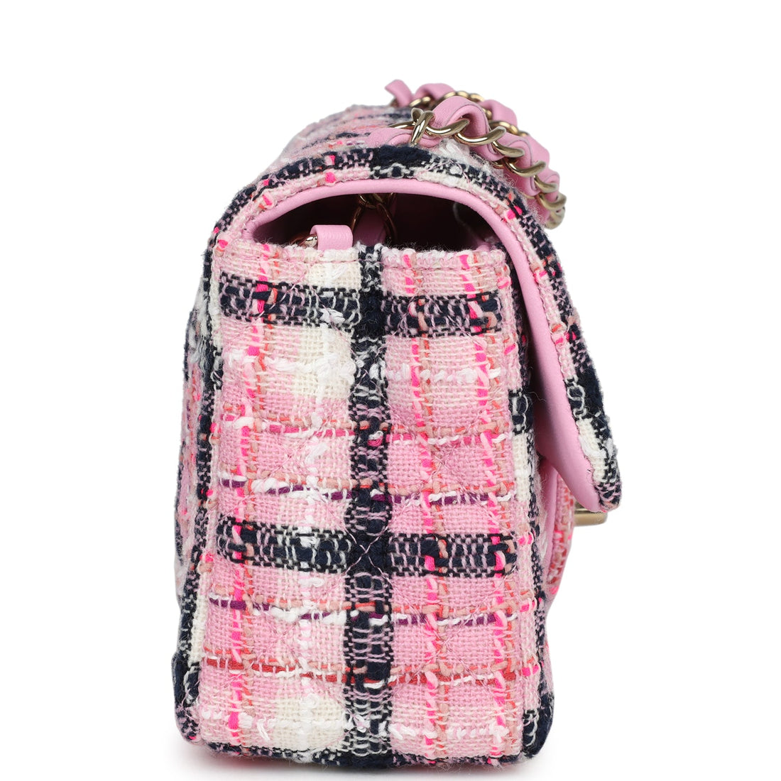 Chanel Mini Rectangular Flap Bag Pink, White and Black Tweed Light Gold Hardware