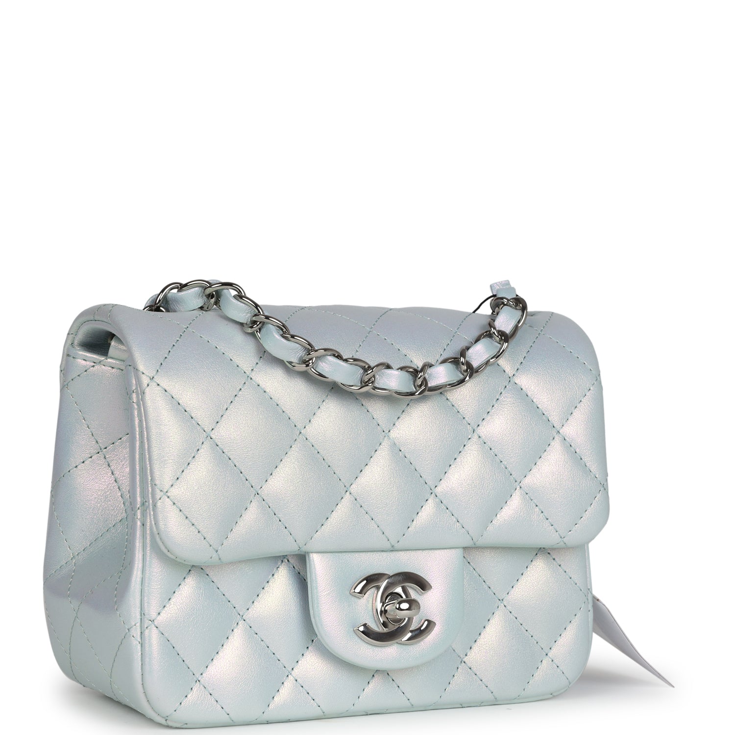Chanel Mini Classic Square Flap Bag Blue Iridescent Calfskin Silver Hardware