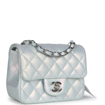 Chanel Mini Classic Square Flap Bag Blue Iridescent Calfskin Silver Hardware