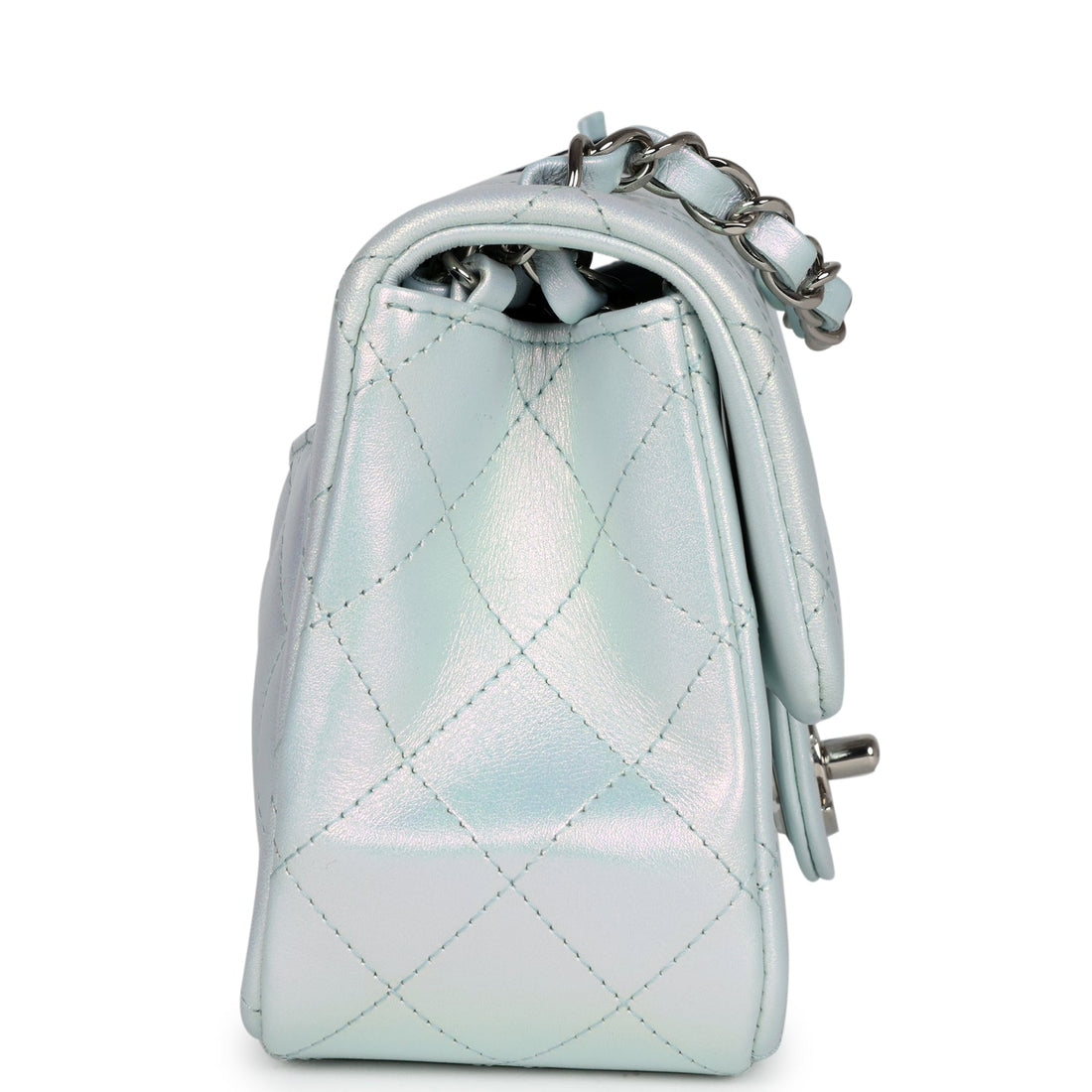 Chanel Mini Classic Square Flap Bag Blue Iridescent Calfskin Silver Hardware