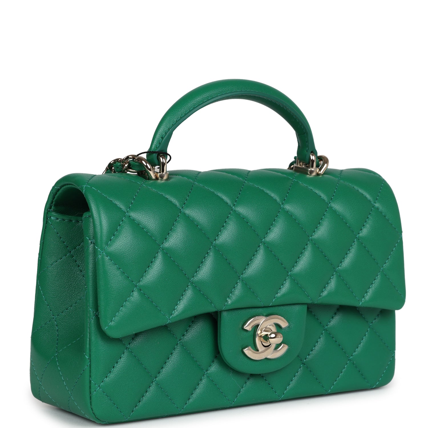 Chanel Mini Rectangular Flap with Top Handle Dark Green Lambskin Light Gold Hardware