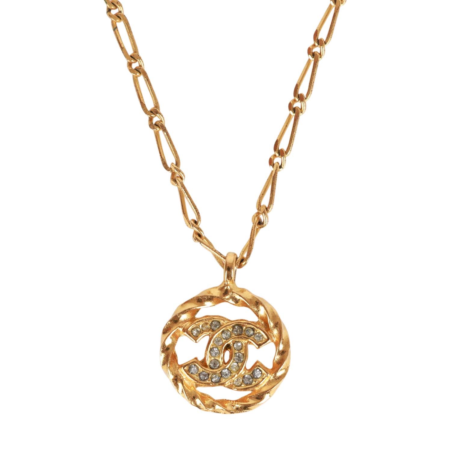 Vintage Chanel Gold Plated Crystal CC Charm Necklace