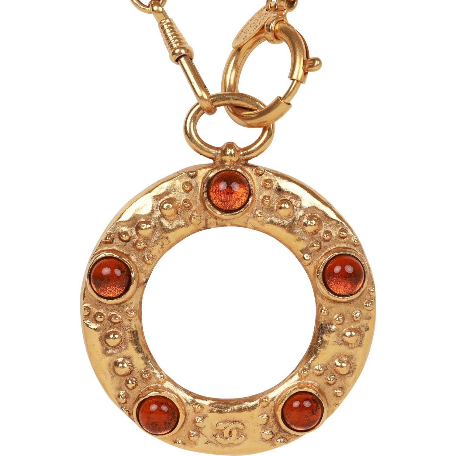 Vintage Chanel 24K Gold Plated Amber Gripoix Loupe Pendant Necklace
