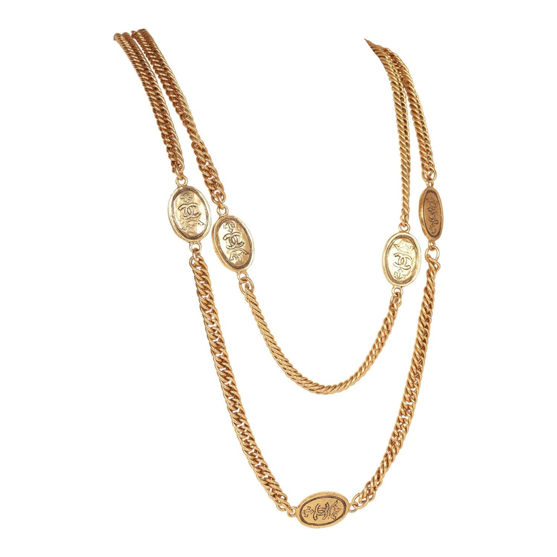 Vintage Chanel 24K Gold Plated CC Oval Coin Charm Sautoir Necklace