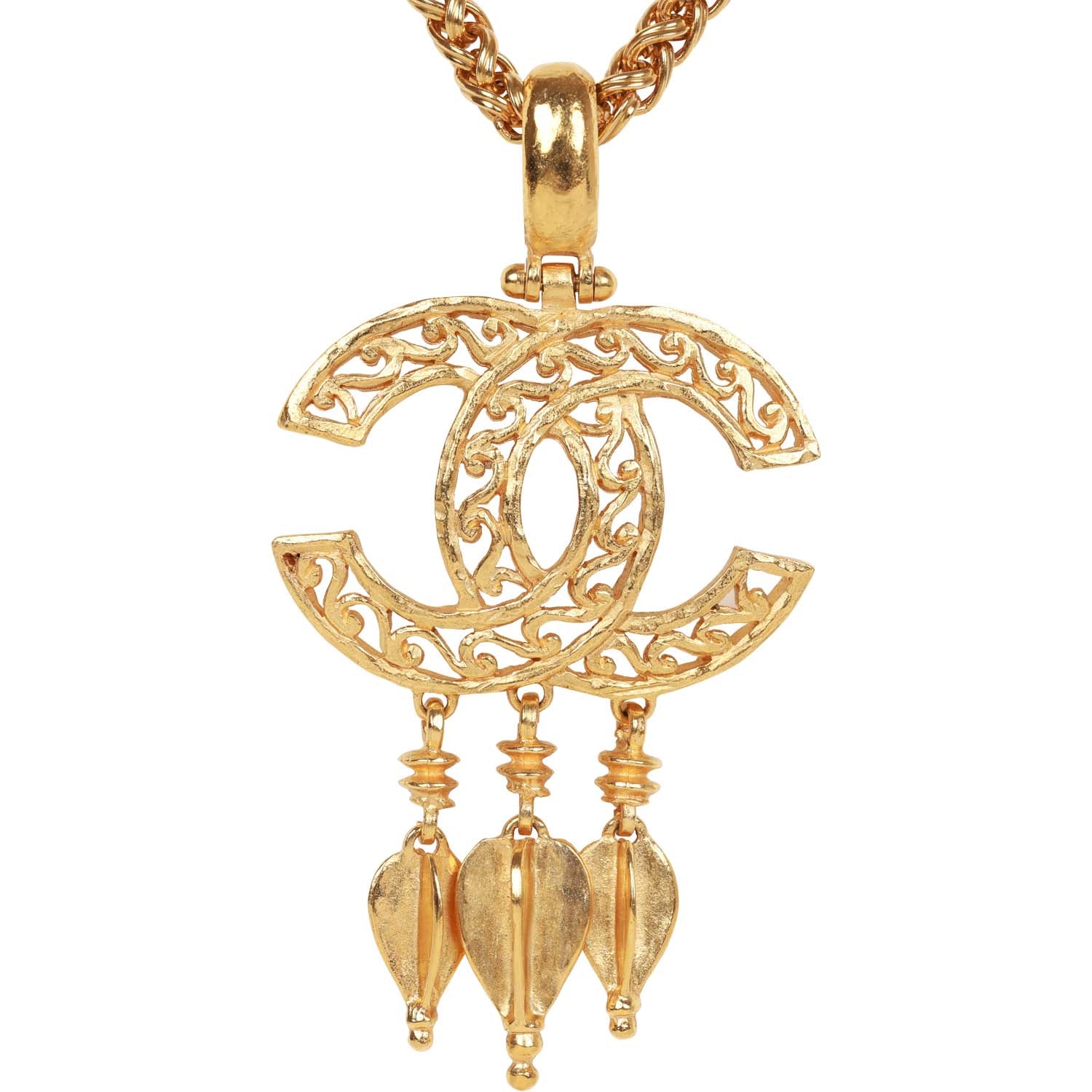 Vintage Chanel 24K Gold Plated Filigree Cut-Out CC Pendant Necklace
