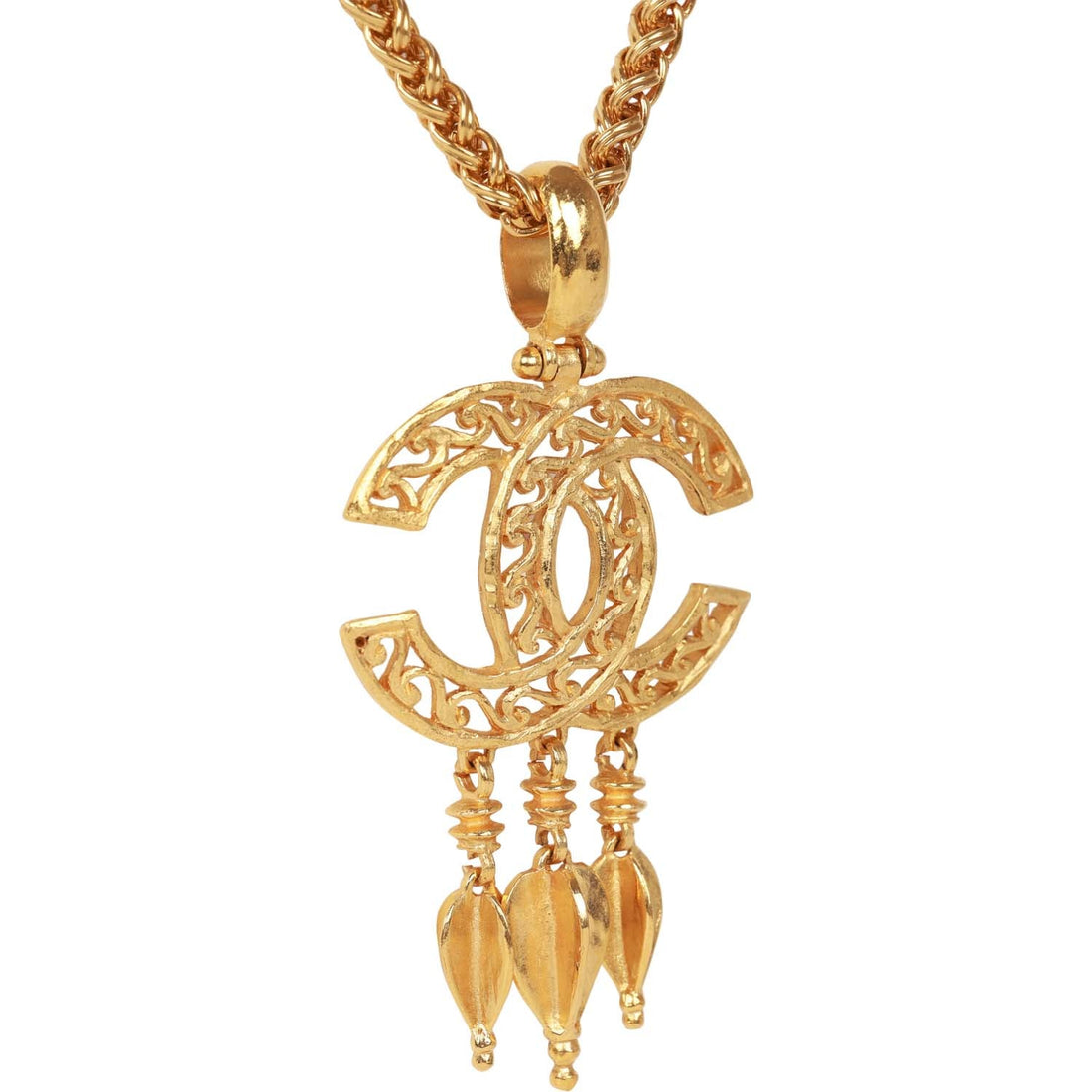 Vintage Chanel Gold Plated Fringe CC Pendant Necklace
