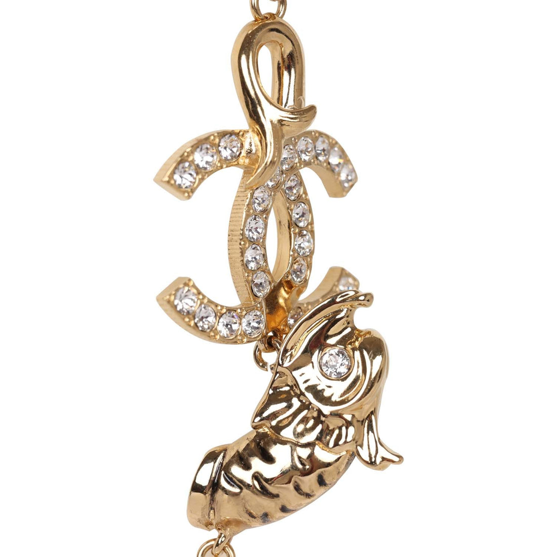 Chanel Layered Pearl, Gripoix, and Strass Gold Metal Fish Head Logo Necklace