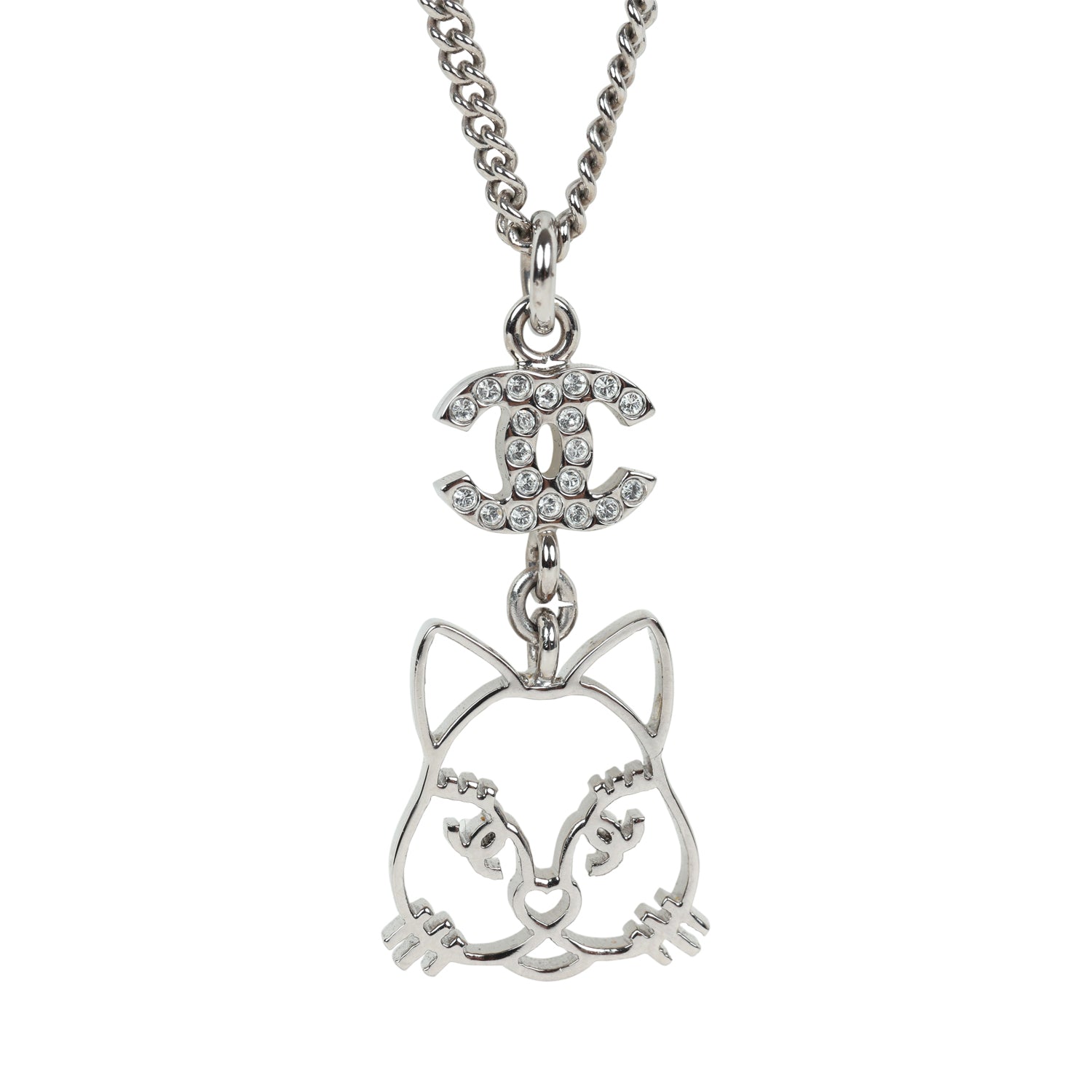 Chanel Silver CC Crystal Choupette Cat Emoji Pendant Necklace