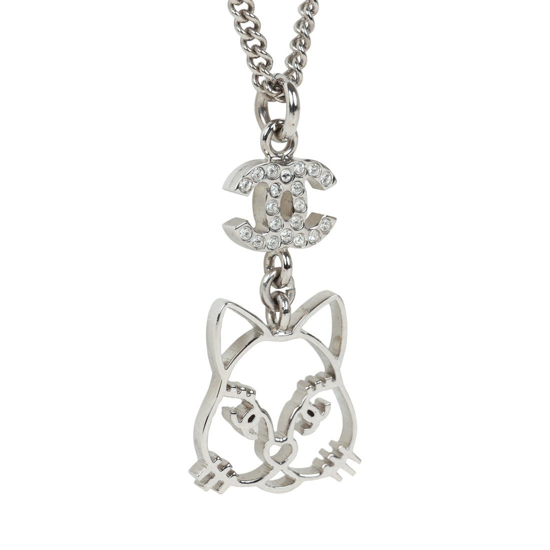 Chanel Silver CC Crystal Choupette Cat Emoji Pendant Necklace
