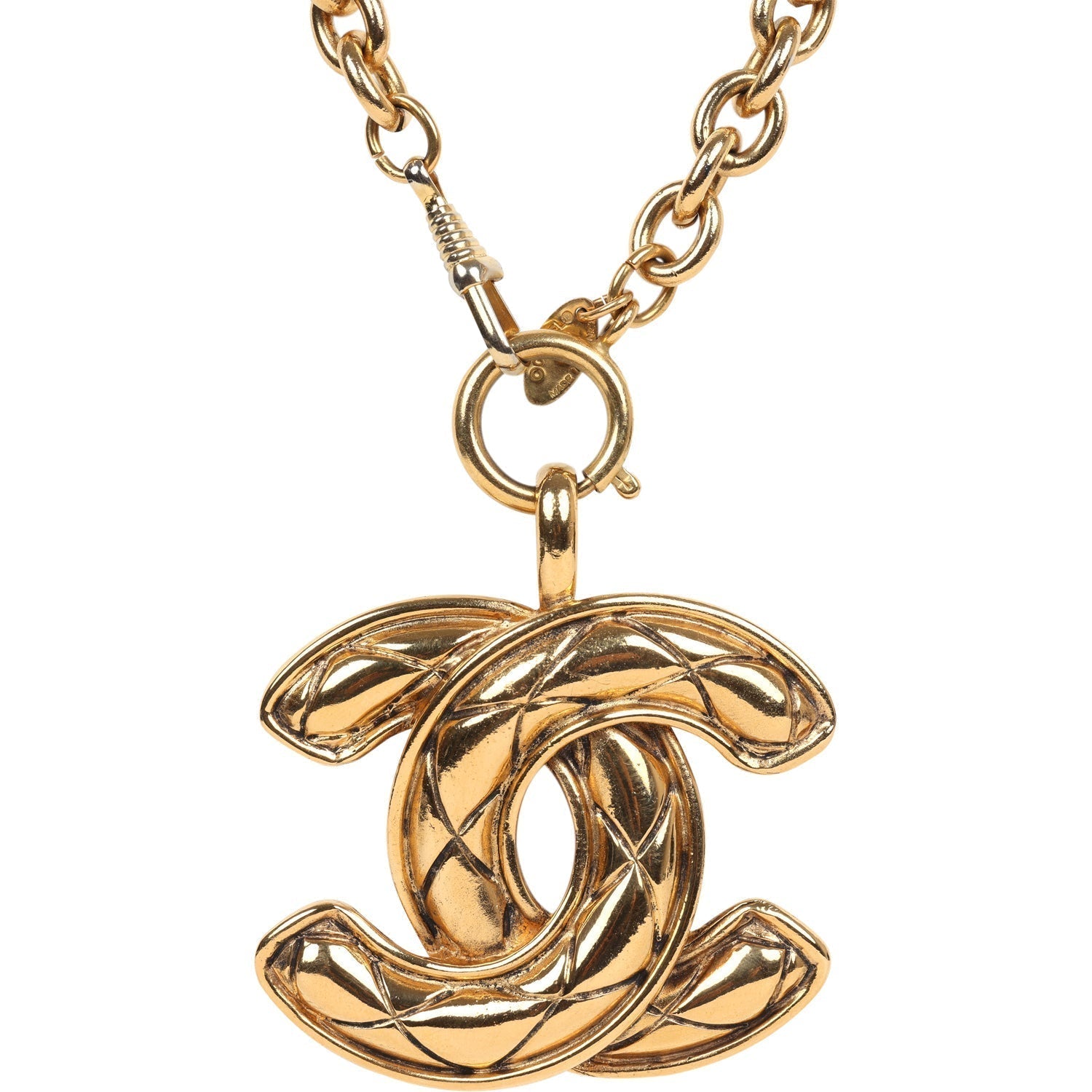 Vintage Chanel 24K Gold Plated Large CC Quilted Pendant Necklace