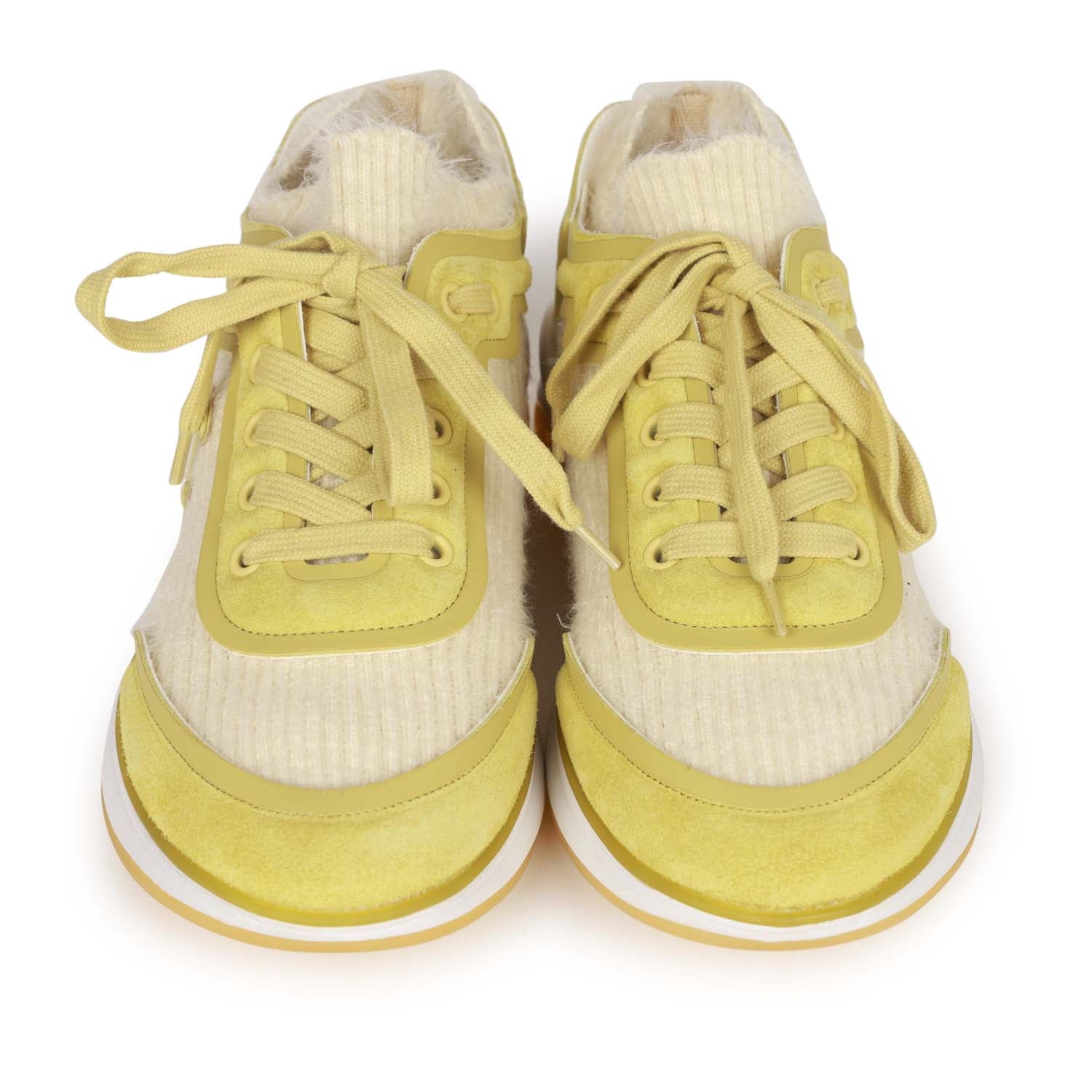 Chanel CC Lowtop Sneakers Off-White Knit and Light Green Suede 35