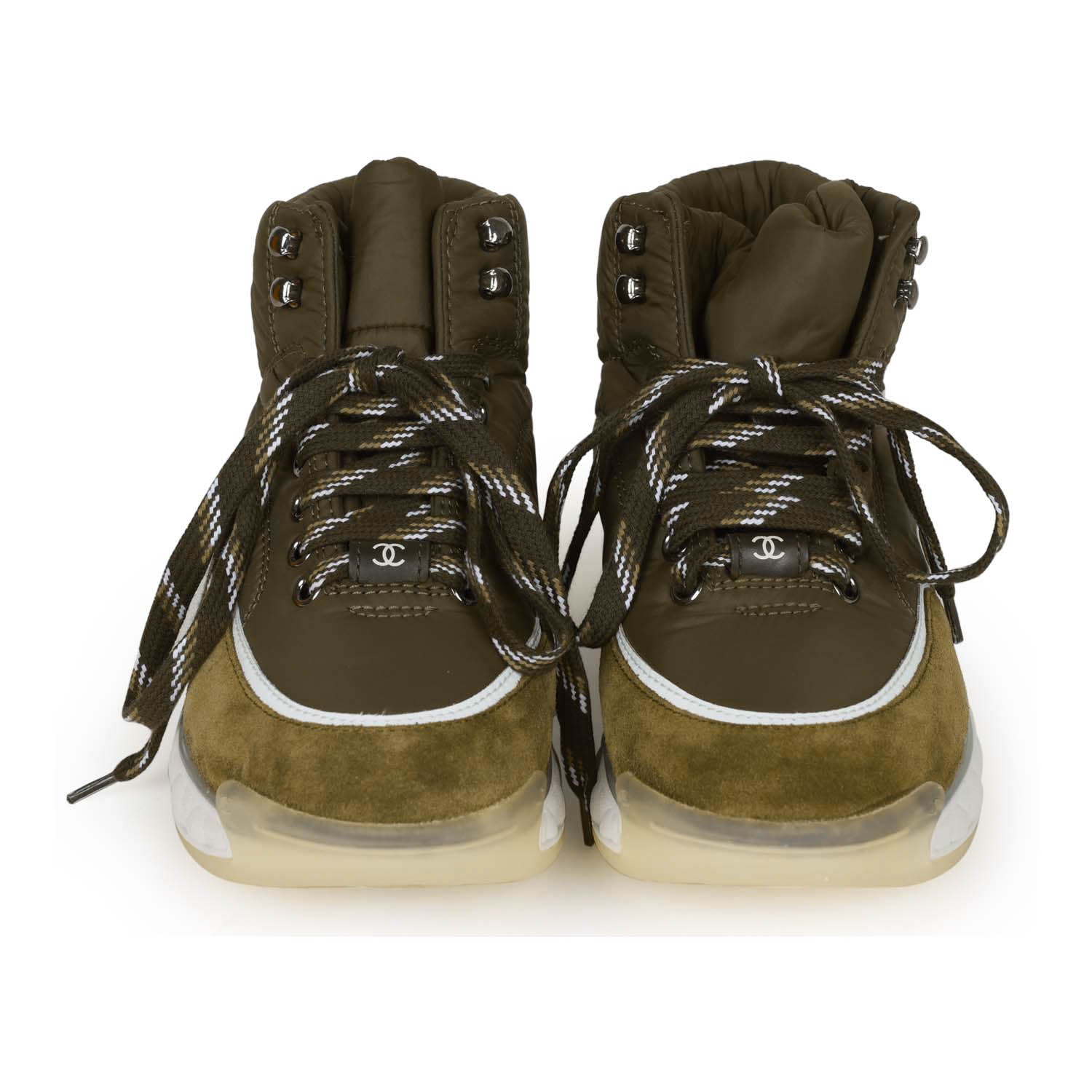 Chanel CC Hightop Winter Sneaker Olive Green Nylon and Suede 35