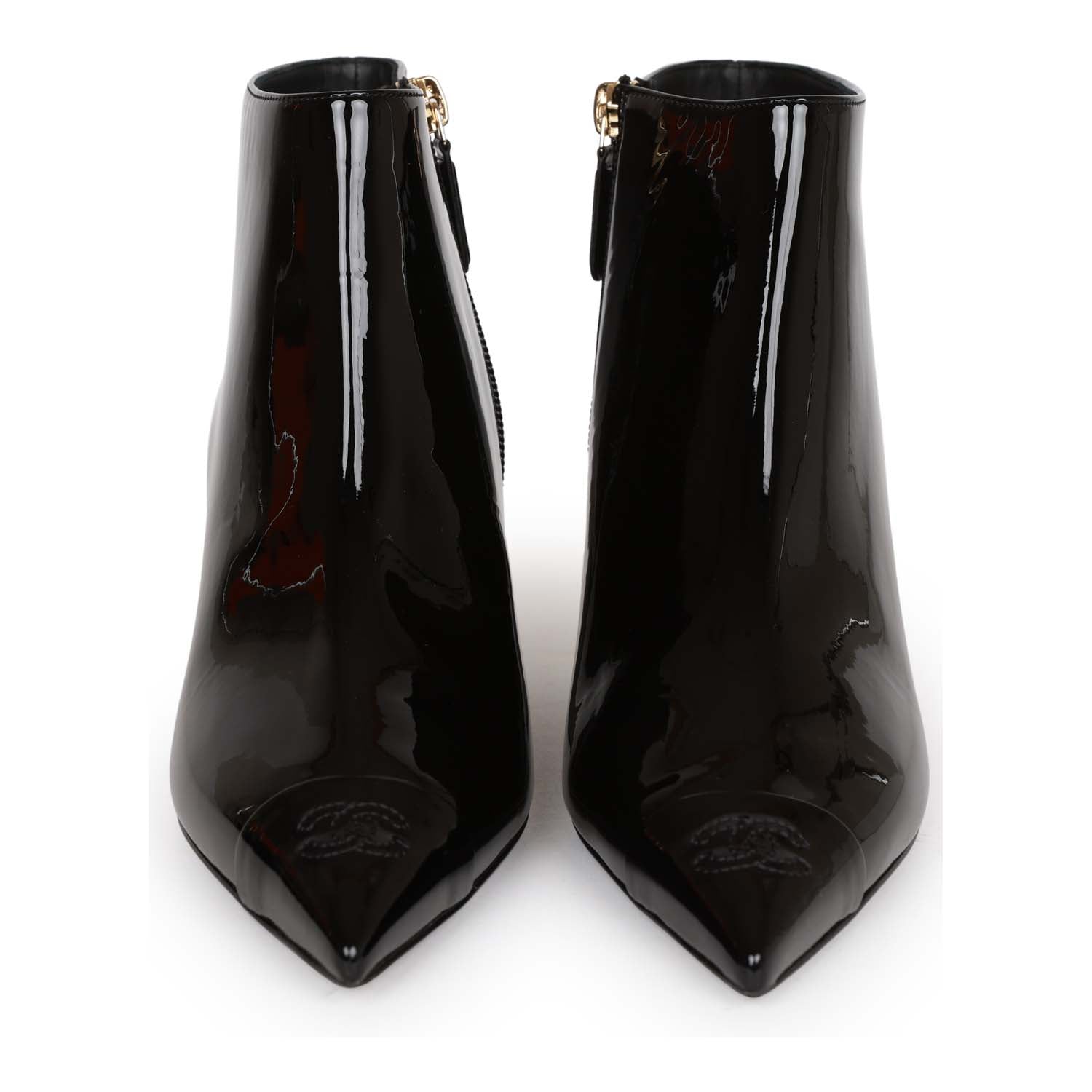 Chanel CC Wedge Ankle Boots Black Patent Leather 36.5