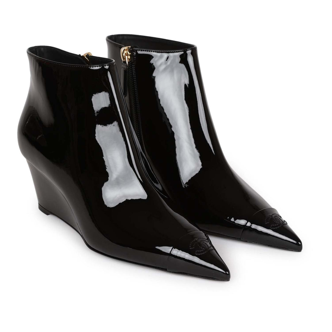 Chanel CC Wedge Ankle Boots Black Patent Leather 36.5