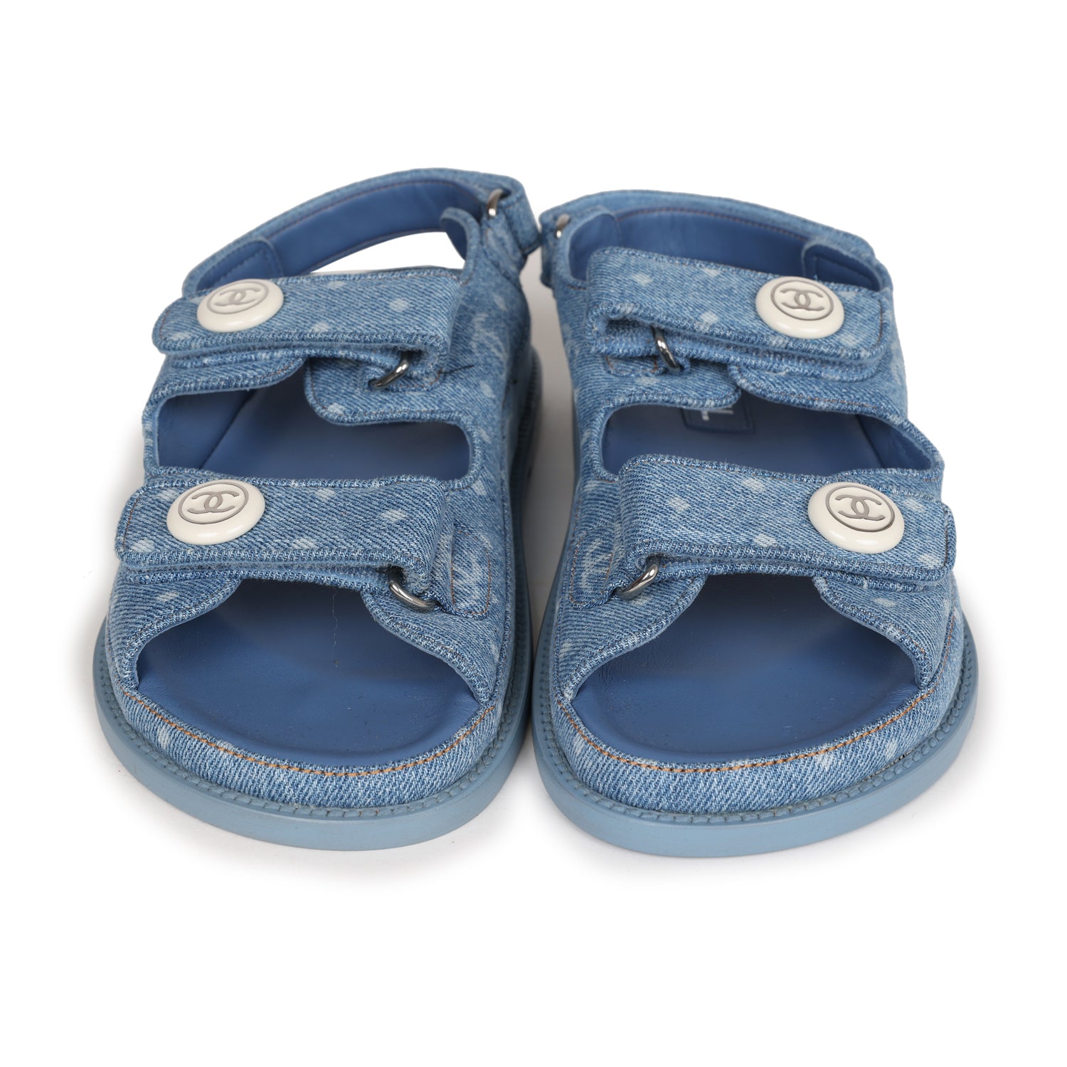 Chanel Dad Sandals Blue Denim Silver Hardware 38 EU
