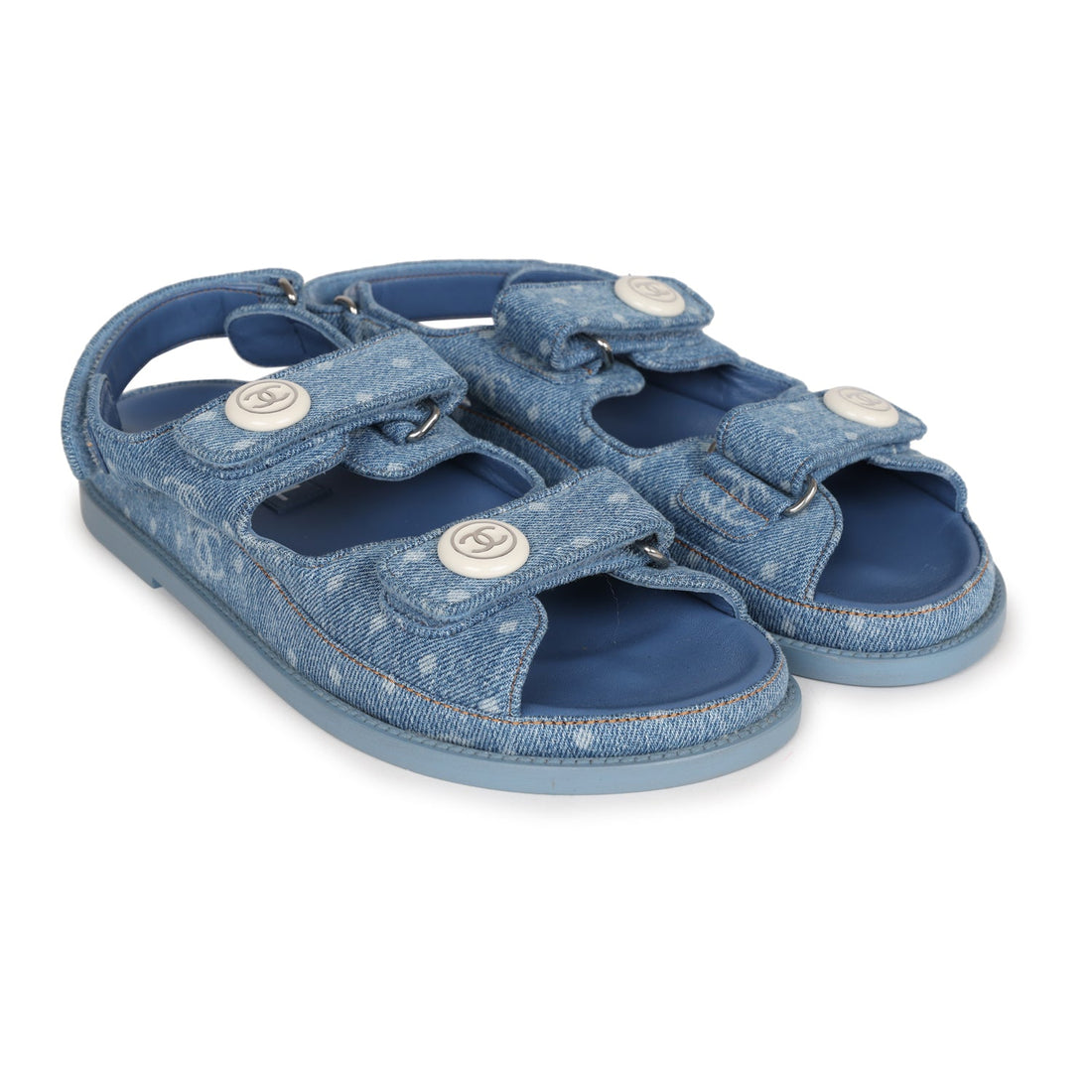 Chanel Dad Sandals Blue Denim Silver Hardware 38 EU
