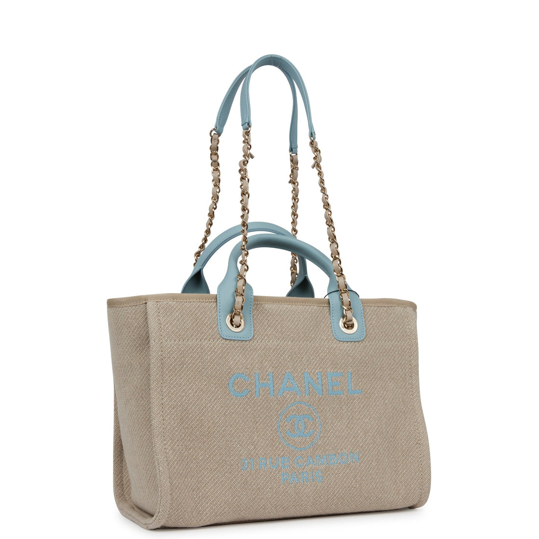 Chanel Small Deauville Shopping Tote Blue and Beige Boucle Light Gold Hardware
