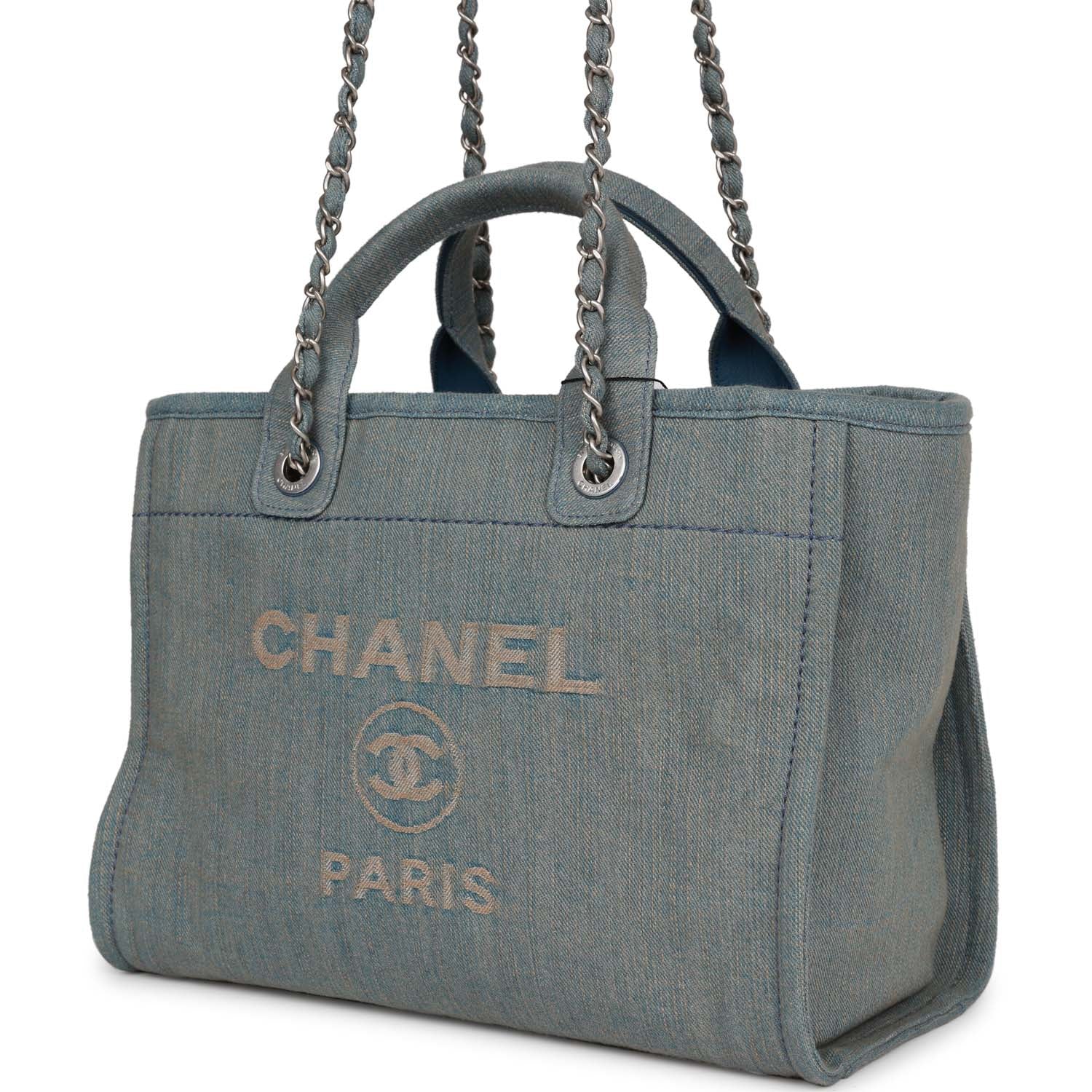 Chanel Small Deauville Shopping Tote Distressed Blue Denim Aged Silver Hardware