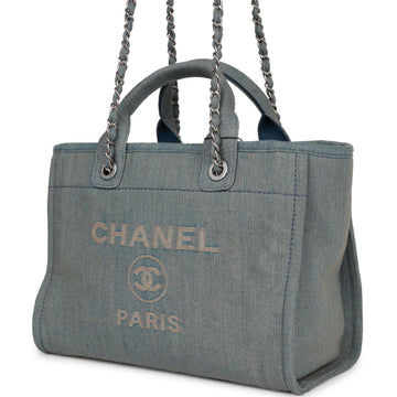 Chanel Small Deauville Shopping Tote Distressed Blue Denim Aged Silver Hardware