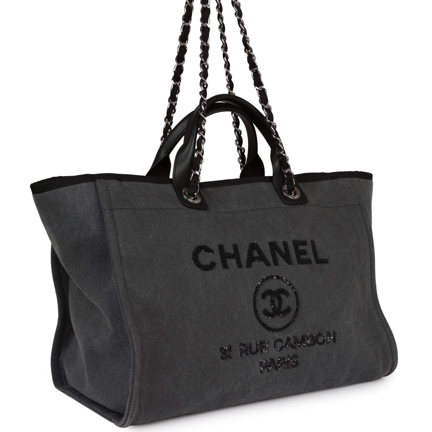 Chanel Medium Deauville Shopping Tote Dark Grey Denim Silver Hardware