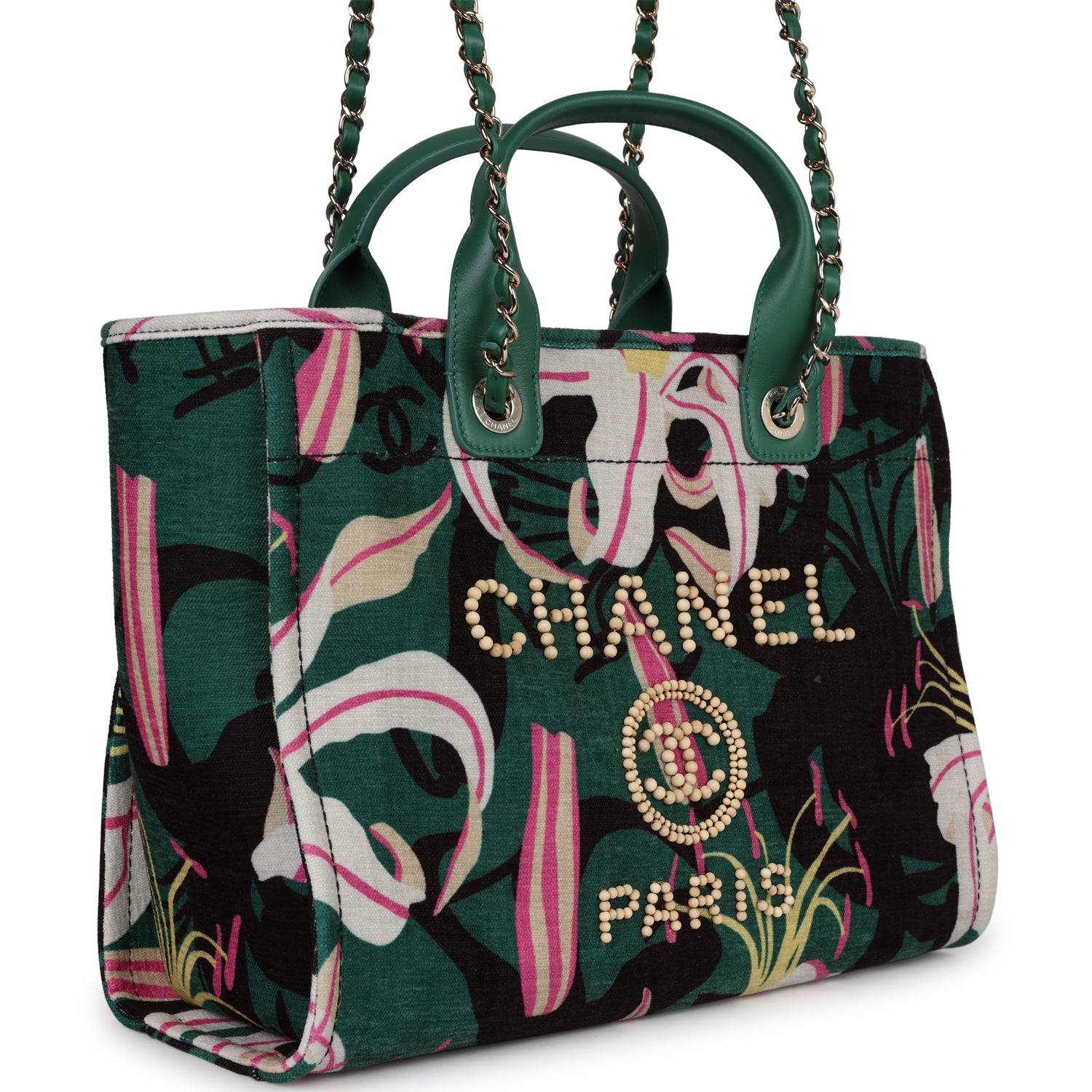 Chanel Small Deauville Shopping Tote Green and Pink Tropical Floral Velvet Light Gold Hardware