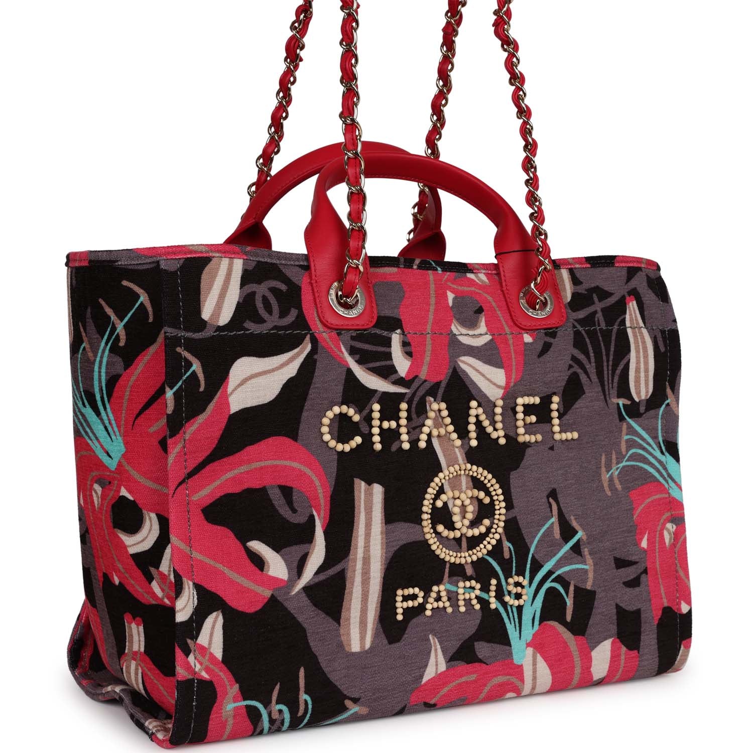 Chanel Small Deauville Shopping Tote Grey and Pink Tropical Floral Velvet Light Gold Hardware