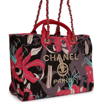 Chanel Small Deauville Shopping Tote Grey and Pink Tropical Floral Velvet Light Gold Hardware