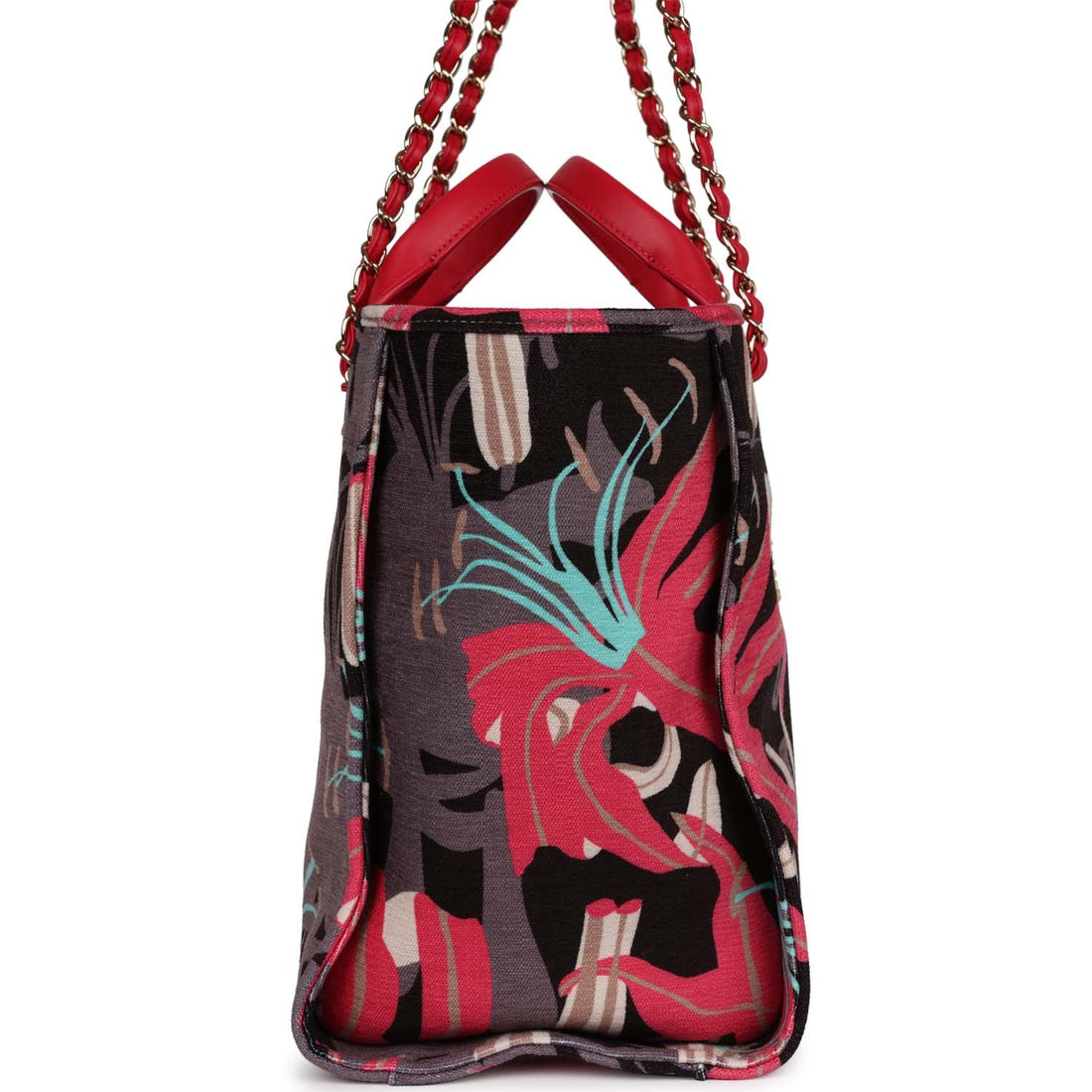 Chanel Small Deauville Shopping Tote Grey and Pink Tropical Floral Velvet Light Gold Hardware