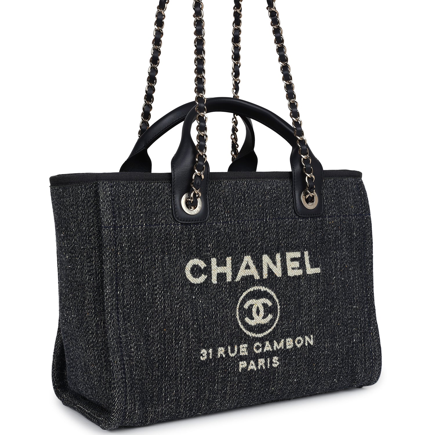 Chanel Small Deauville Shopping Tote Dark Blue Denim Light Gold Hardware