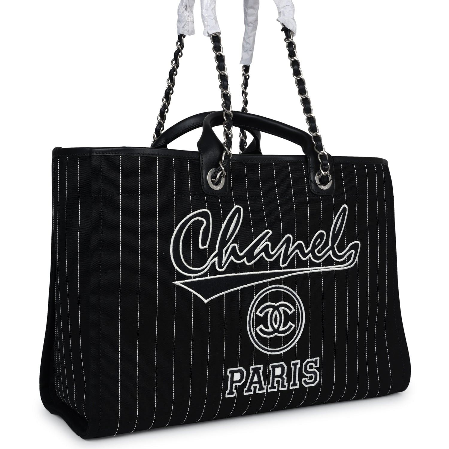 Chanel Large Deauville Shopping Tote Black and White Striped Canvas Silver Hardware