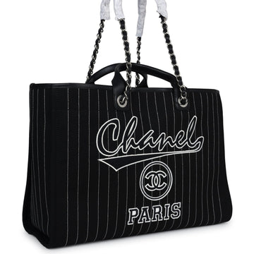 Chanel Large Deauville Shopping Tote Black and White Striped Canvas Silver Hardware