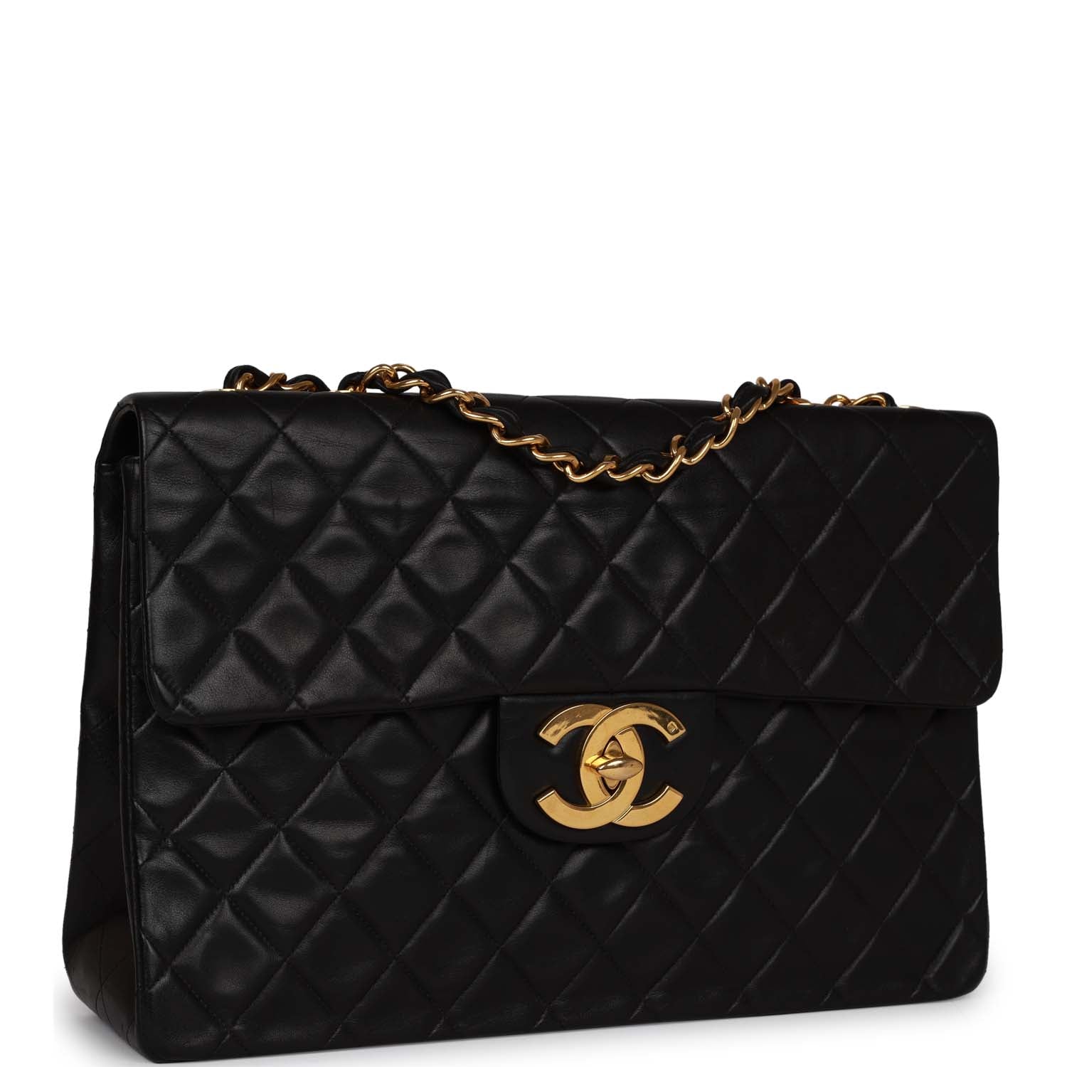 Vintage Chanel XL Jumbo Flap Bag Black Lambskin Gold Hardware