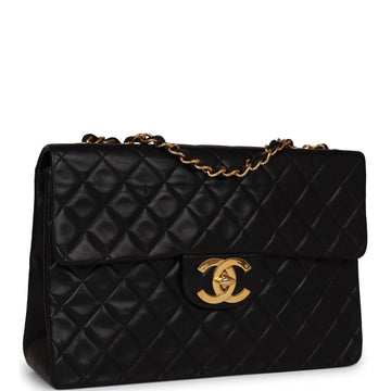 Vintage Chanel XL Jumbo Flap Bag Black Lambskin Gold Hardware