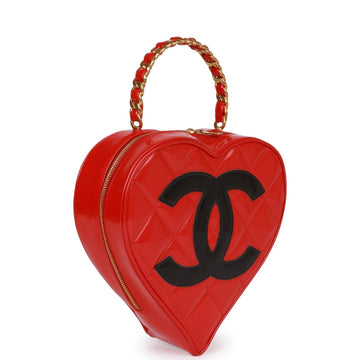 Vintage Chanel Heart Vanity Bag Red and Black Patent Antique Gold Hardware