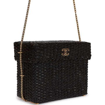 Vintage Chanel Wicker Picnic Basket Bag Black Gold Hardware