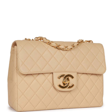 Vintage Chanel Jumbo Flap Bag Beige Lambskin Gold Hardware