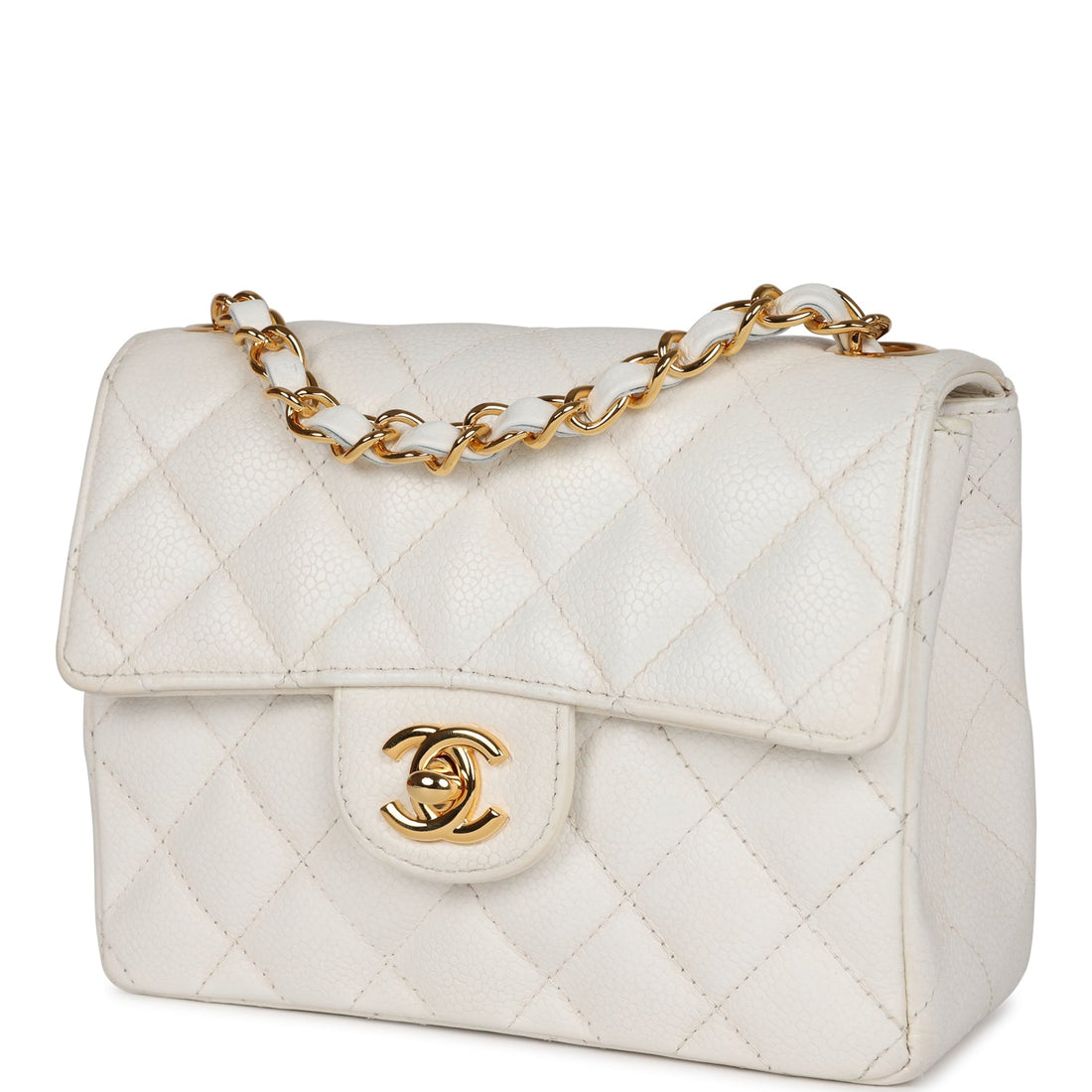 Vintage Chanel Mini Square Flap White Caviar Gold Hardware