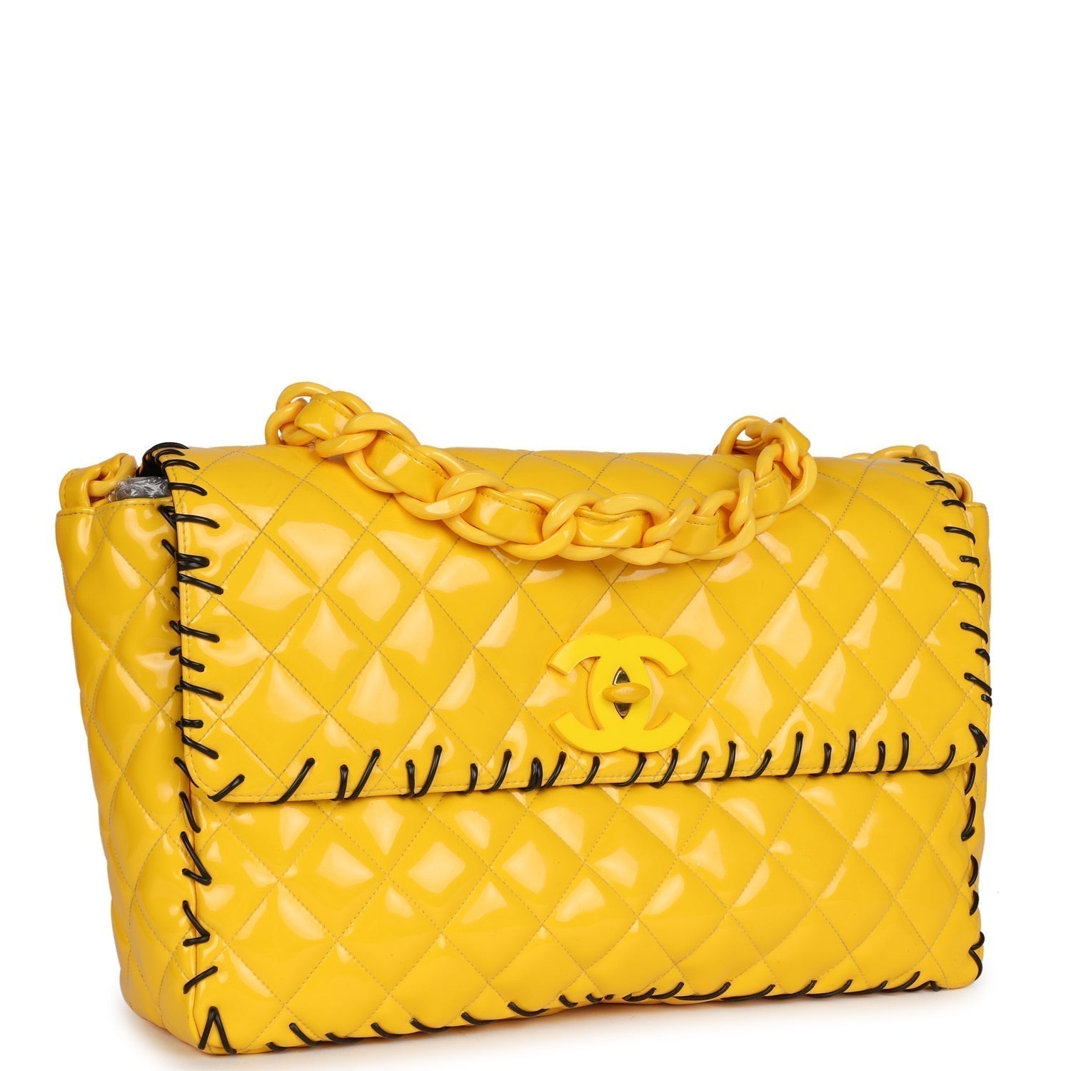 Vintage Chanel XL Jumbo Stitch Flap Bag Yellow Patent Leather Yellow Acrylic Hardware