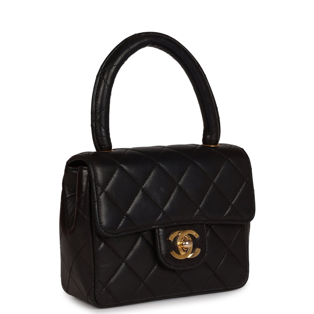 Vintage Chanel Micro Kelly Child Flap Bag Black Lambskin Gold Hardware