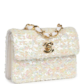 Vintage Chanel Micro Half Flap Iridescent Ivory Sequin Gold Hardware