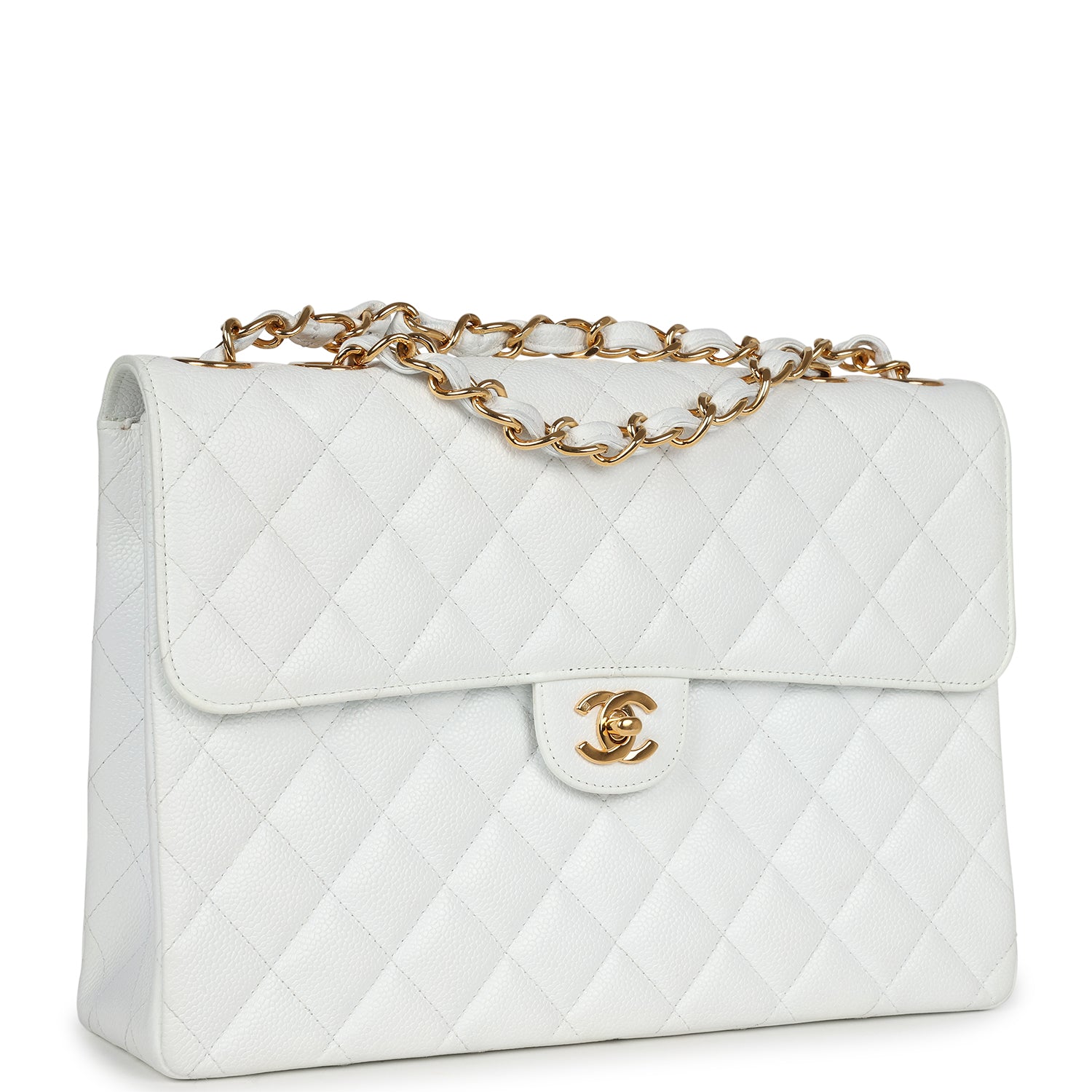 Vintage Chanel Jumbo Single Flap Bag White Caviar Gold Hardware