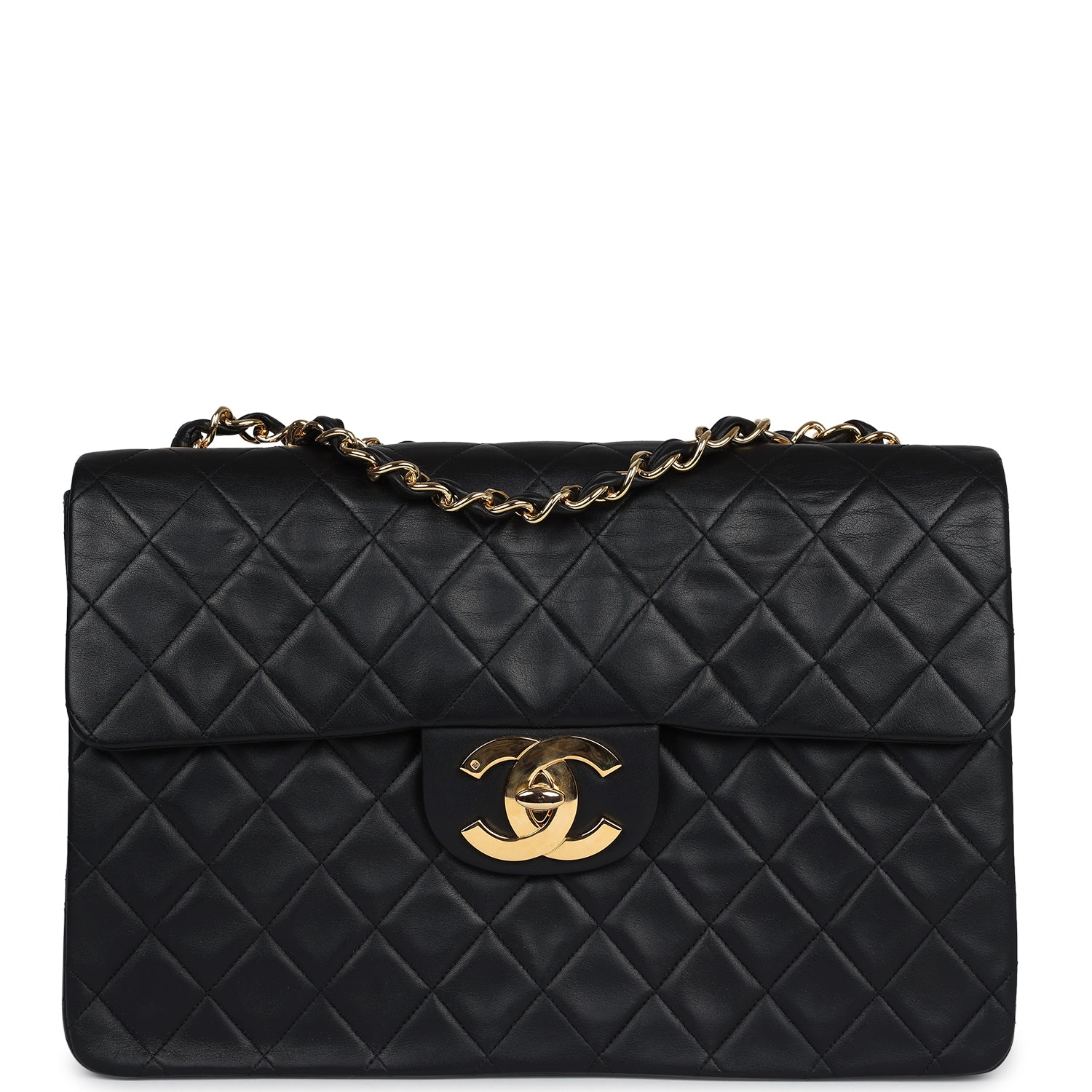 Vintage Chanel Maxi Single Flap Bag Black Lambskin Gold Hardware
