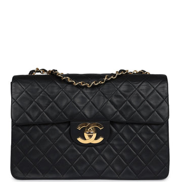 Vintage Chanel Maxi Single Flap Bag Black Lambskin Gold Hardware