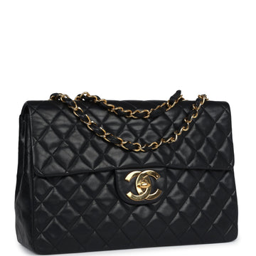 Vintage Chanel Maxi Single Flap Bag Black Lambskin Gold Hardware