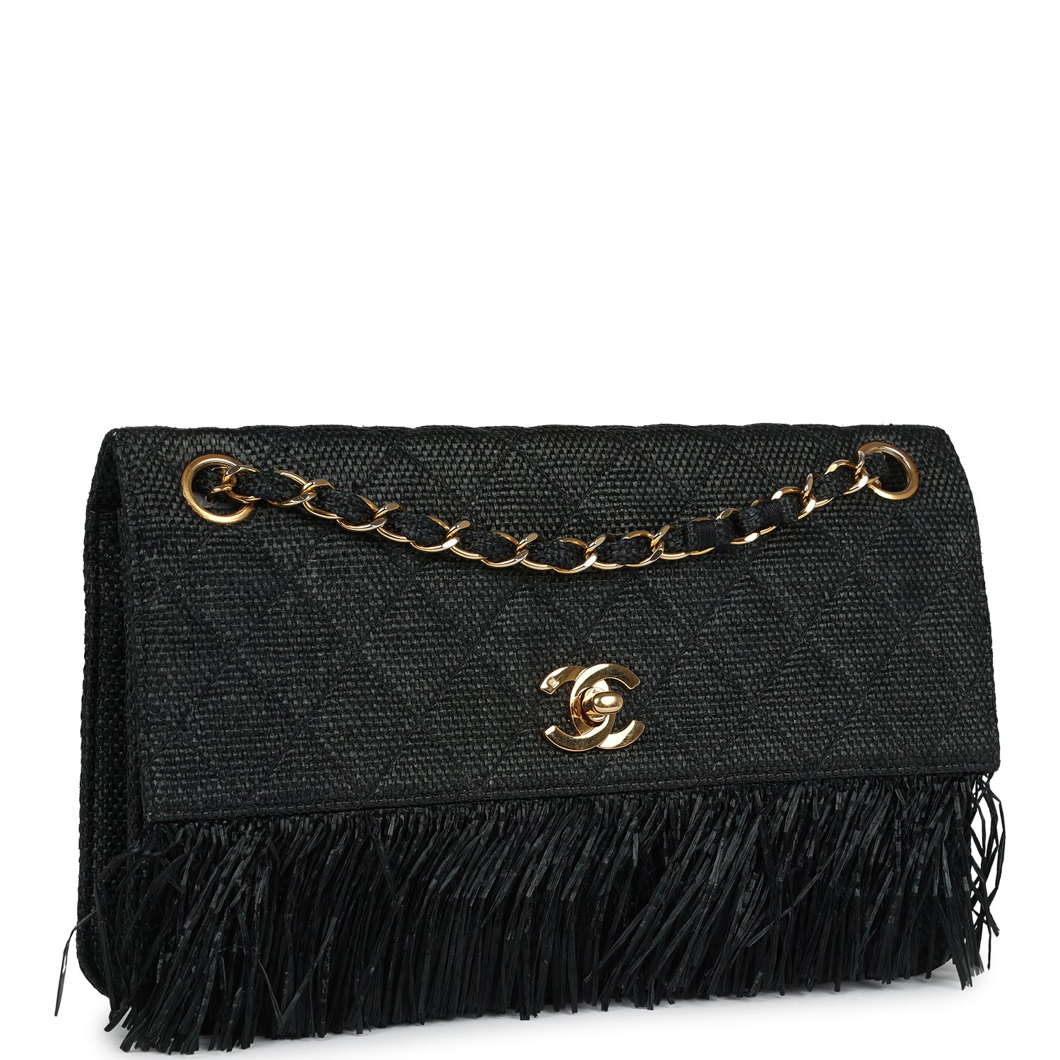 Vintage Chanel Quilted Fringe Single Flap Bag Black Raffia Gold Hardware