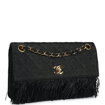 Vintage Chanel Quilted Fringe Single Flap Bag Black Raffia Gold Hardware