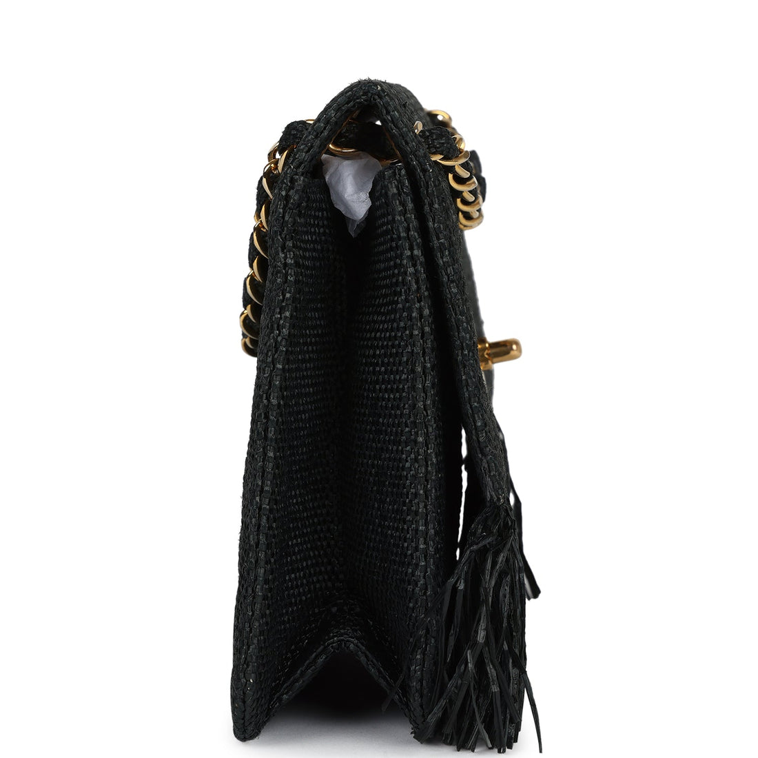 Vintage Chanel Quilted Fringe Single Flap Bag Black Raffia Gold Hardware