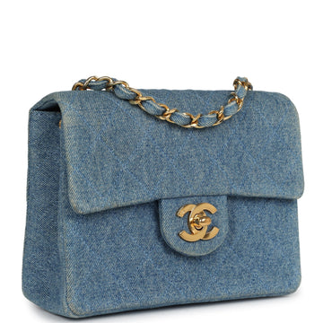 Vintage Chanel Mini Square Flap Bag Blue Denim Gold Hardware